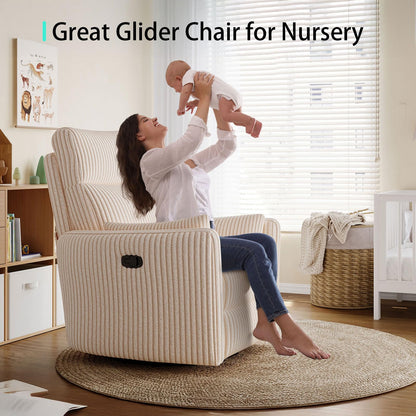 LINSY 360 Swivel Recliner Chair, Nursery Glider Rocking Chair with 2 Pillows, Corduroy Nursing Chair Comfy High Back Adult Rocker Recliner for Small Spaces, Nursery Bedroom Living Room (Beige)