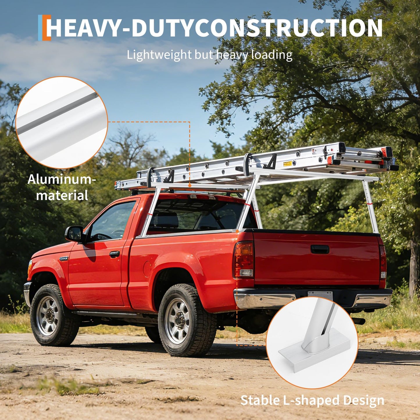 Adjustable Aluminum Pickup Ladder Rack – 35.4" to 71" Width, 800 Lb Heavy Duty 2-Bar Truck Bed Rack with No-Drill c-Clamp Mount – Utility Hauler for Kayaks, Lumber, Surfboards & Ladders – Silver