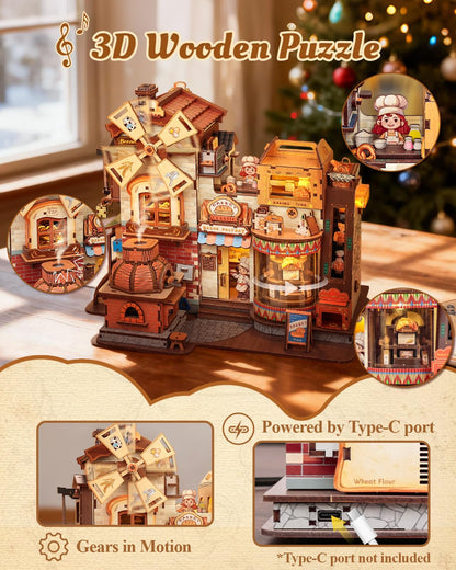 CUTEBEE 3D Wooden Puzzles for Adults - Bread Factory Bakery 576pcs Wooden Mechanical Model DIY Building Kit with Music and Lights, Bookshelf Decor, DIY Craft Gifts for Adults（Bread Factory）