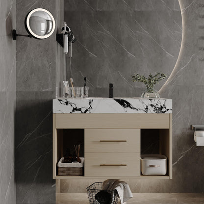 KEIKI 29.9" Bathroom Vanity with Undermount Sink Combo, Modern Floating Vanity Cabinet with 2 Drawers & Open Side Shelves, Storage Wall Mounted Cabinet for Small Space, Apricot‌ Marbe