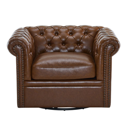 Christopher Knight Home Oakley Chesterfield Faux Leather Upholstered Club Chair, Button-Tufted 360° Swivel Sofa, Scrolled Arm Living Room Sofa, No Assembly Required Furniture, Dark Brown