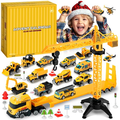 Advent Calendar 2025 for Kids Toys Engineering Vehicles Alloy Different Car Set Stocking Stuffer Plus a Play Mat Christmas for Boys and Girls Gifts Yellow