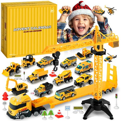 Advent Calendar 2025 for Kids Toys Engineering Vehicles Alloy Different Car Set Stocking Stuffer Plus a Play Mat Christmas for Boys and Girls Gifts Yellow