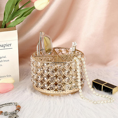 BTSKY Crystal 360 Degree Rotating Desk Organizer Decorative Storage Box with 4 Compartments, Glitter Metal Makeup Brush Holder Elegant Storage Caddy Home Decor Gift for Women, Round-4 Slots Gold