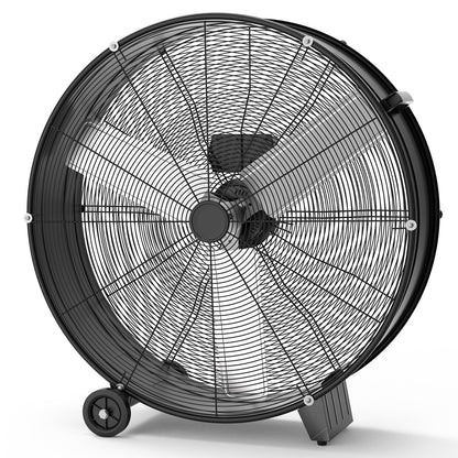 MilleLoom 30 in Industrial Drum Fan, 3-Speed High Velocity Floor Fan, Heavy Duty Metal Air Circulator with Caster Handle for Patios, Warehouses, Commercial, Factories and Workshops