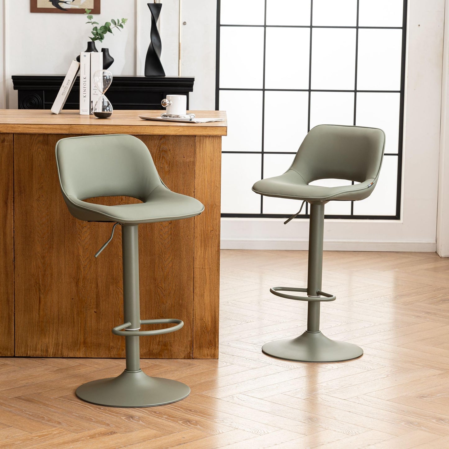 YOUNIKE Bar Stools Set of 2 Modern Swivel Barstools, Adjustable Counter Height Bar Stools Faux Leather Upholstered Counter Stools with Hollow Back for Kitchen Island, All Olive Green