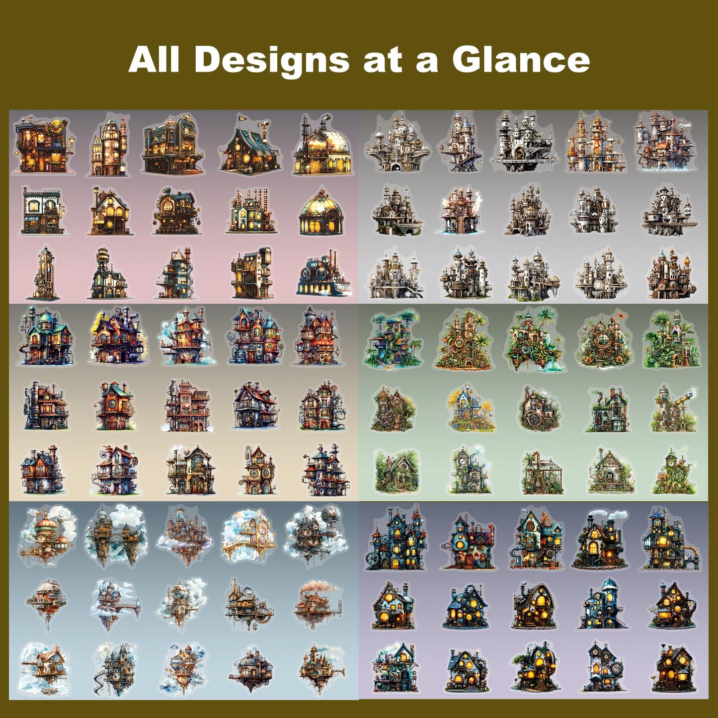 Moriquill 90PCS Gear Cabin PET Stickers – Steampunk Fantasy House Sticker for Scrapbook Journaling Crafting Collage Art Mixed Media DIY Planners Decoration Supplies