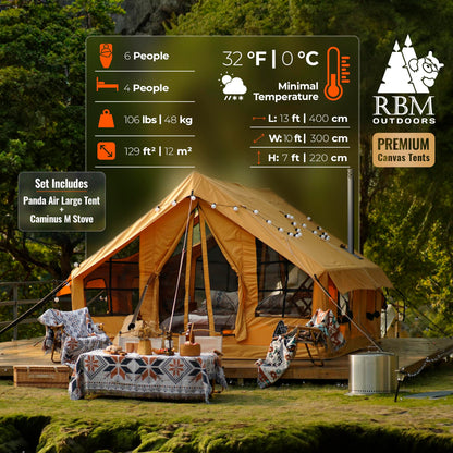 RBM Outdoors Panda Air Large Inflatable Canvas Camping Tent for 2–6 People – Air Beam Tent with Stove Jack, Fast Setup, Hand Pump Included, Beige, Set