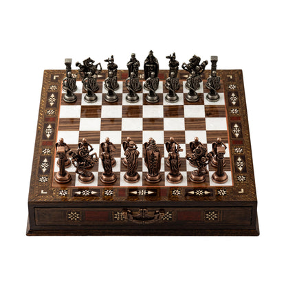 15’’ Handmade Walnut Wooden Chess Set – British Style Metal Chess Pieces – Luxury Storage Chess Board for Adults & Gift for Dad (Walnut)