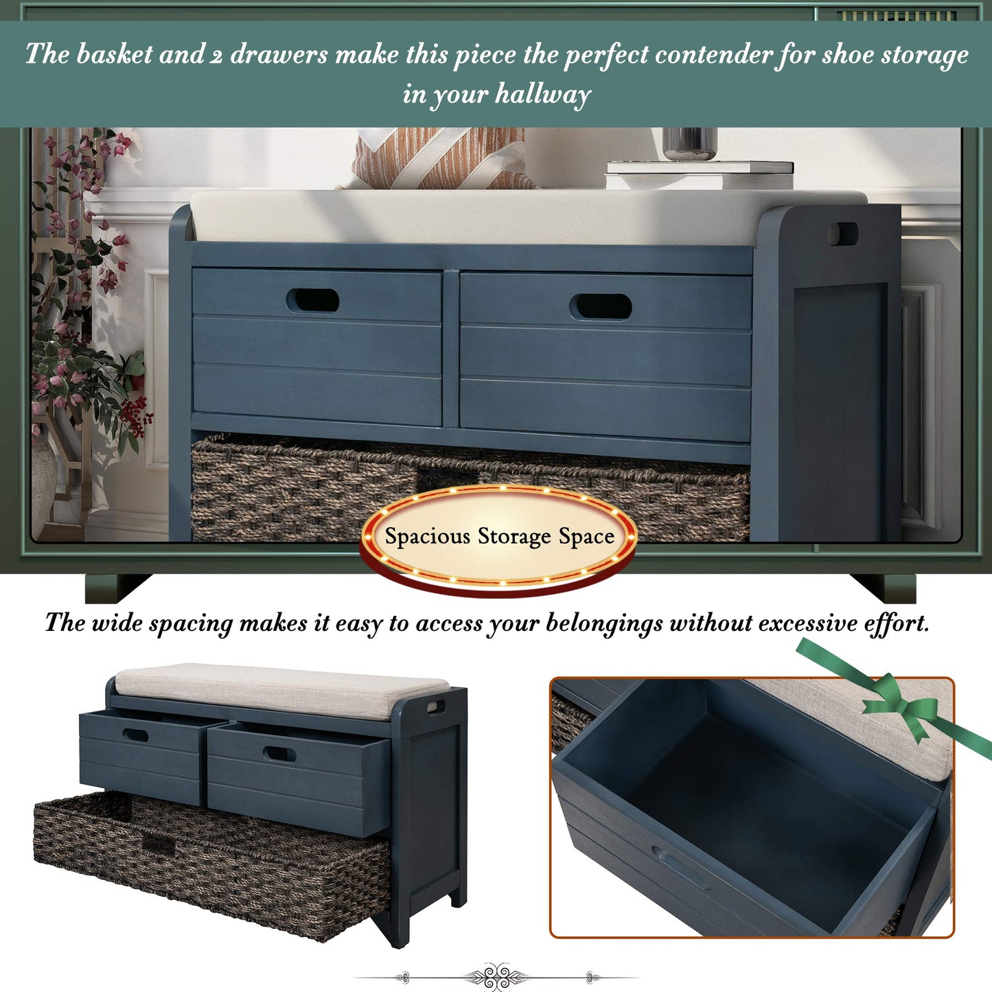 GDFStudio 2-Tier Shoe Storage Bench with Removable Basket & 2 Drawers, Farmhouse Entryway Shoe Organizer Bench with Upholstered Cushion, Wood Entry Bench Fully Assembled for Hallway Living Room, Navy
