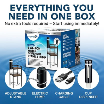 5 Gallon Water Dispenser Stand with Built-in Cup Holder and Electric Pump Included– Heavy Duty Water Jug Holder, Storage Shelf, Second Jug Space – Adjustable Height, Lightweight & Durable
