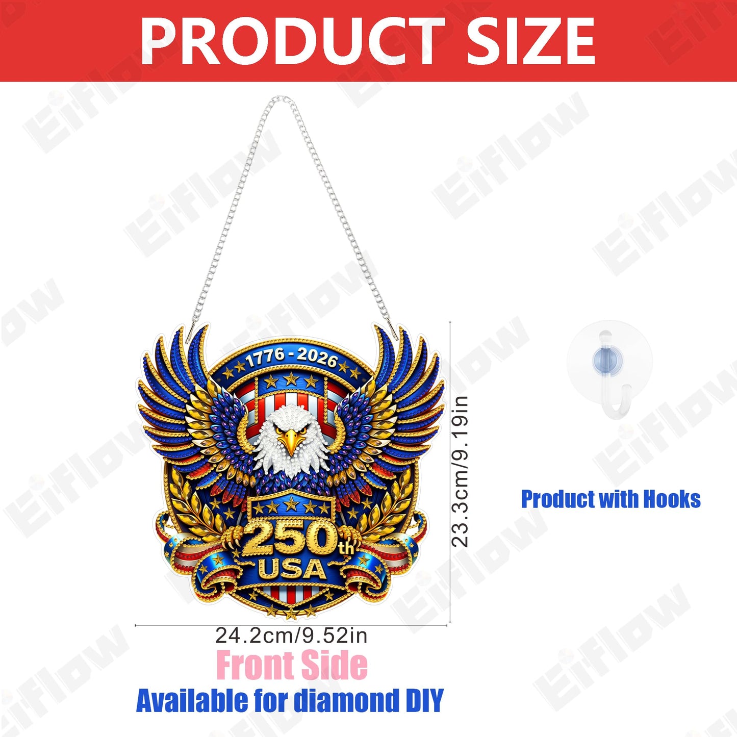 Eiflow USA 250th Anniversary Diamond Art Hanging Kit for Adults Eagle, DIY Patriotic Diamonds Painting Door Hanger Board Kit, Acrylic Diamond Art Painting Pendant Ornament 4th of July