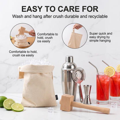 Cakasi Lewis Bag and Ice Mallet Crush Set, Wooden Hammer Reusable Canvas Bag for Crushed Use Home Party Bar Kitchen Dried Crushing Drinks