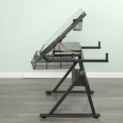 Adjustable Drafting Table with 0-75° Glass Top, Height Adjustable Standing Desk for Artists, Writing Desk for Home Office, Computer Desk with Storage, Black Long Desk for Designers & Art Students,A-1