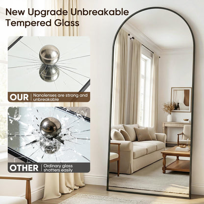 Antok Full Length Mirror, 90"x46" Floor Mirror with Stand, Hanging Mounted Mirrors for Bedroom, Living Room, Cloakroom, Dining Room, Black, Arched