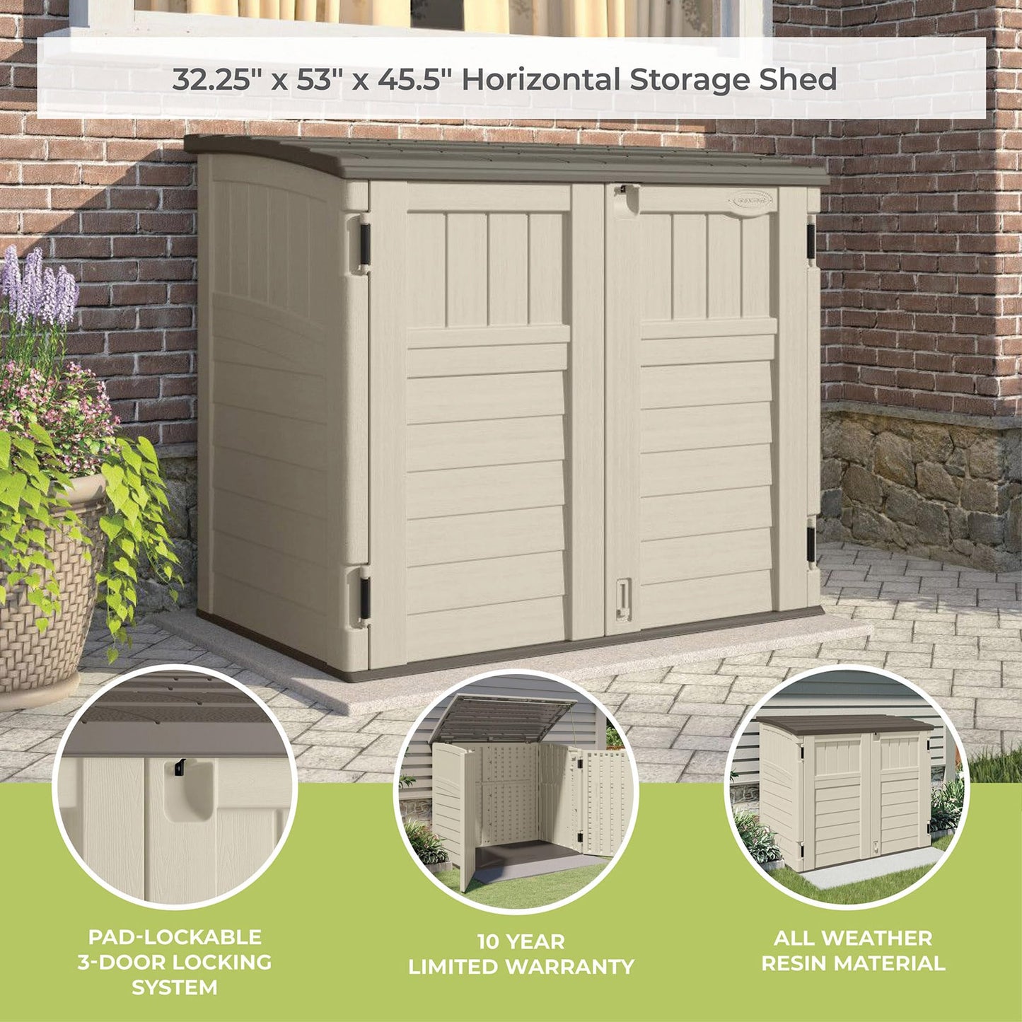 Suncast 34 Cu Ft Horizontal Resin Storage Shed - Outdoor Storage Shed with Floor Included, Lockable, Weatherproof, Fits Small to Medium Trash Cans, Generators, & Garden Tools, Vanilla Stoney
