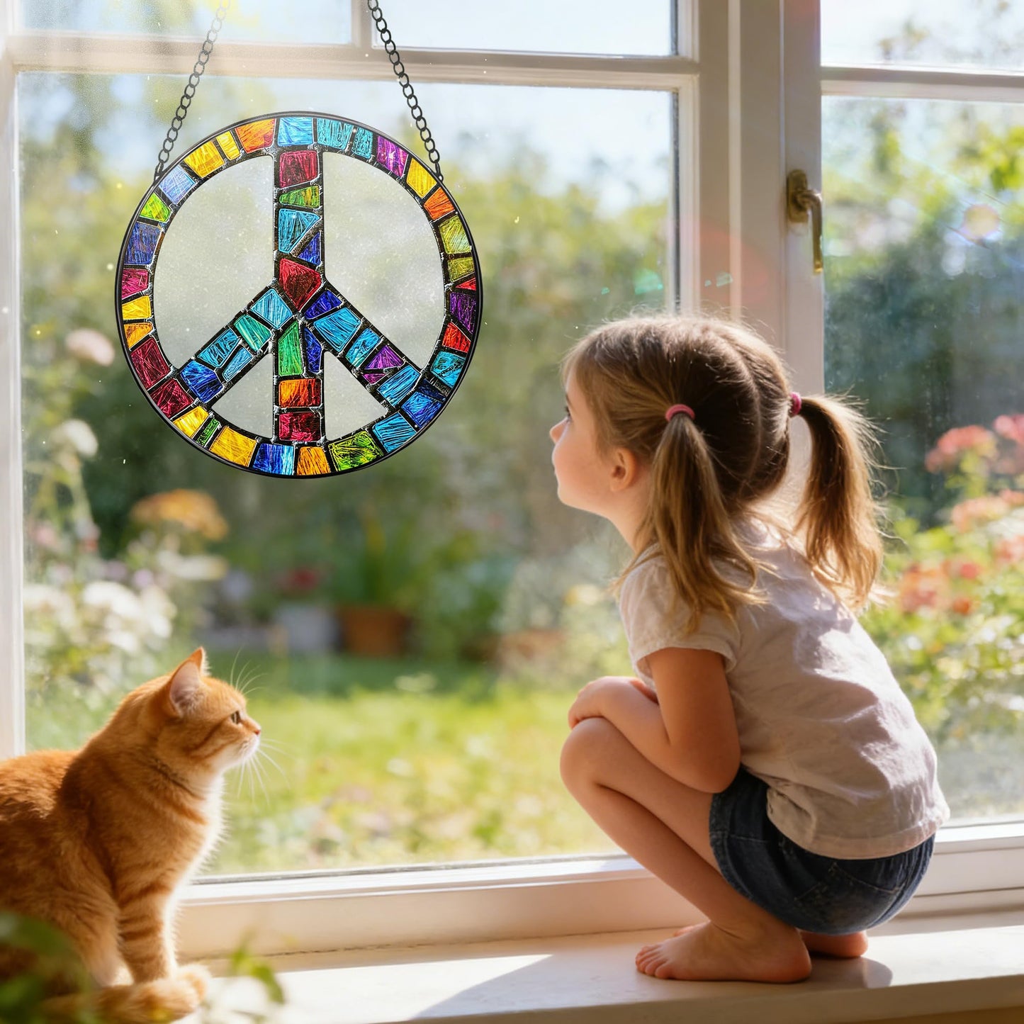 Stained Glass Window Hanging, 7.8 Inch Peace Sign Hippie Stained Glass Suncatcher Ornament, Suncatchers for Windows Hanging, Peace Symbol Decor, Hippie Gifts, Christmas Birthday Gifts for Women