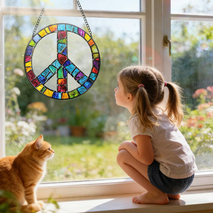 Stained Glass Window Hanging, 7.8 Inch Peace Sign Hippie Stained Glass Suncatcher Ornament, Suncatchers for Windows Hanging, Peace Symbol Decor, Hippie Gifts, Christmas Birthday Gifts for Women
