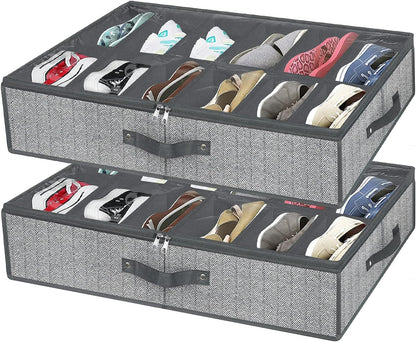 Under Bed Shoe Storage Organizer for Closet - Fits 24 Pairs, Set of 2 with Clear Cover (Herringbone Grey)