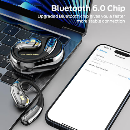 Monster Open Ear AC360, Wireless Bluetooth Rotary Earphone, with Lanyard, Upgraded Bluetooth 6.0, Touch Control, 24h Long Battery Life, IPX5 Waterproof,Long-Lasting Wear Without Fatigue（Black）
