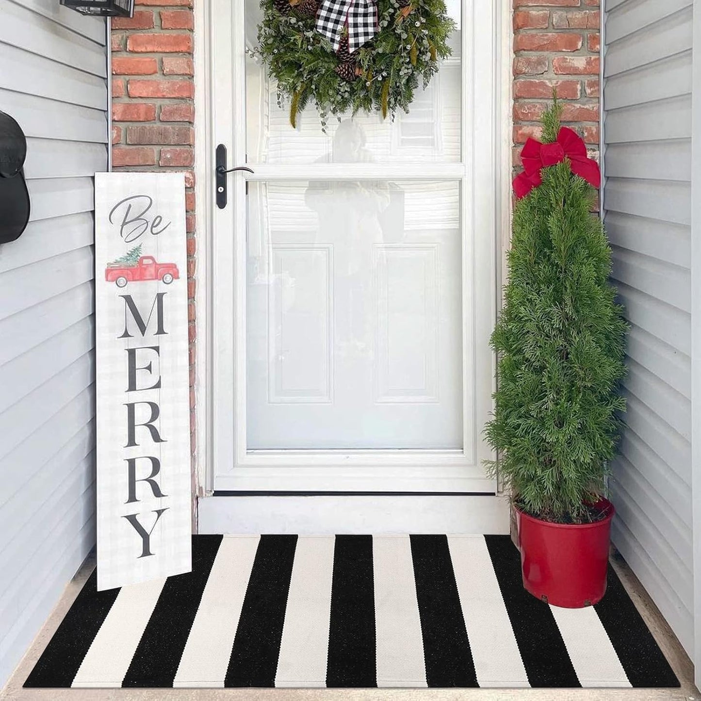 LEEVAN Black and White Striped Door Mat, 2'x4', Washable Reversible Cotton Woven Rug for Indoor/Outdoor