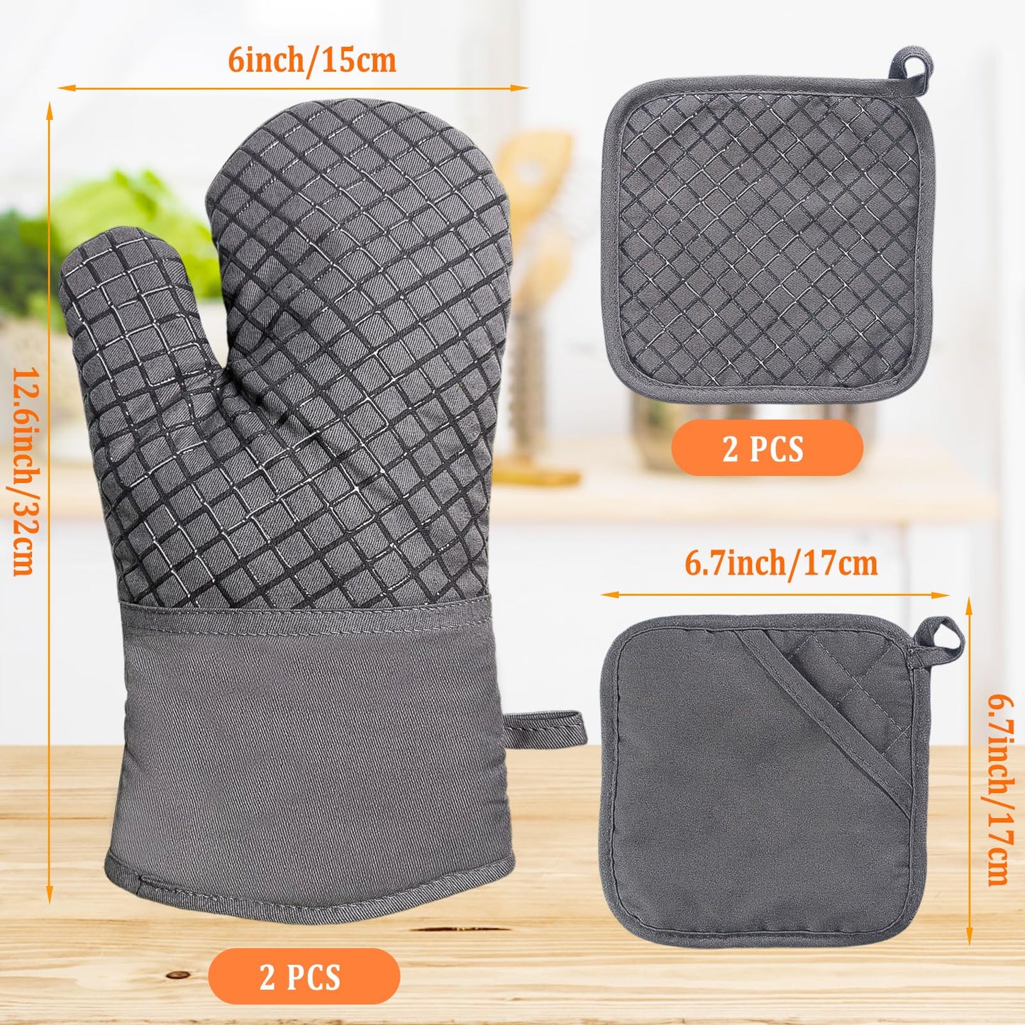 4 Pcs Oven Mitts and Pot Holders,Kitchen Long Oven Glove High Heat Resistant 500 Degree,Extra Thicken Oven Mitts and Potholder with Non-Slip Silicone Surface for Baking,Grilling,Cooking(Grey)
