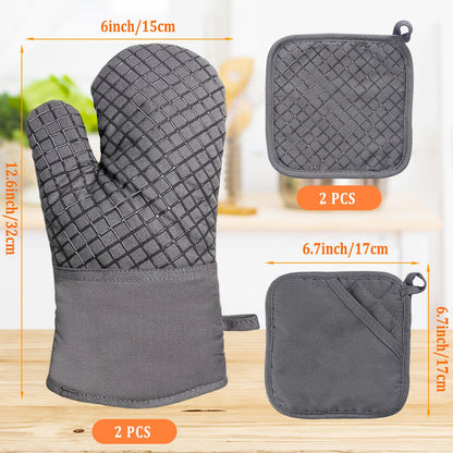 4 Pcs Oven Mitts and Pot Holders,Kitchen Long Oven Glove High Heat Resistant 500 Degree,Extra Thicken Oven Mitts and Potholder with Non-Slip Silicone Surface for Baking,Grilling,Cooking(Grey)