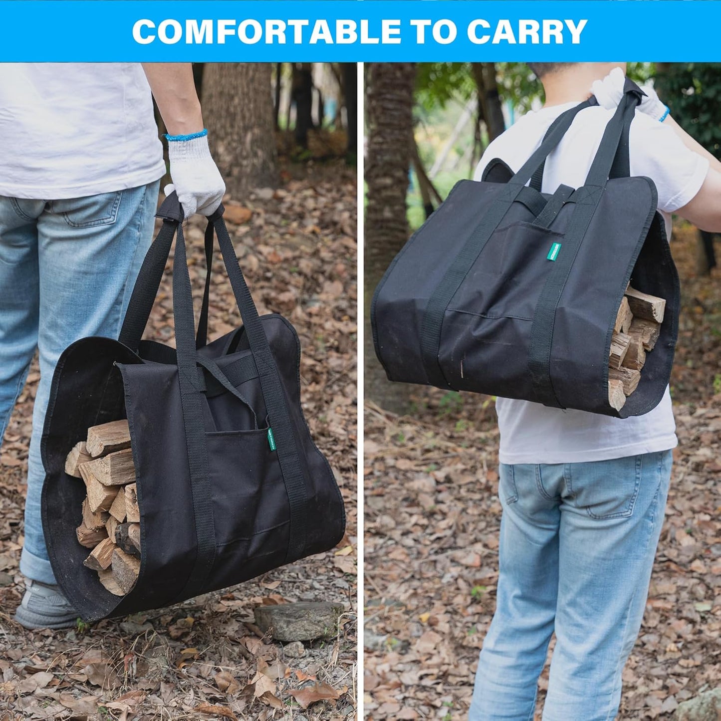 Firewood Carrier, Black Canvas Waterproof Heavy Duty Log Carrier Bag with Handle, 2PK for Fireplace and Camping