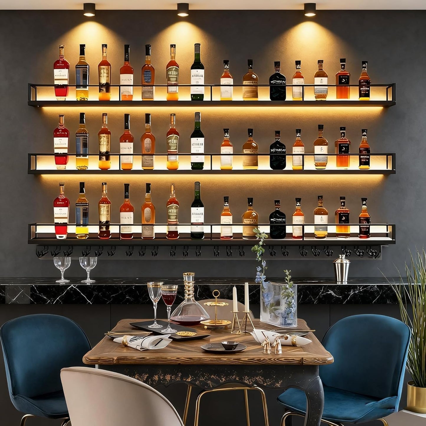 VITNSVILE Metal Wall Mounted Wine Rack with LED Light, 3 Tiers Liquor Bottles Floating Shelves with Glass Holder, Wine Shelf Industrial Bar Shelves for Home Bar Dining (Black, 180cm/71in)