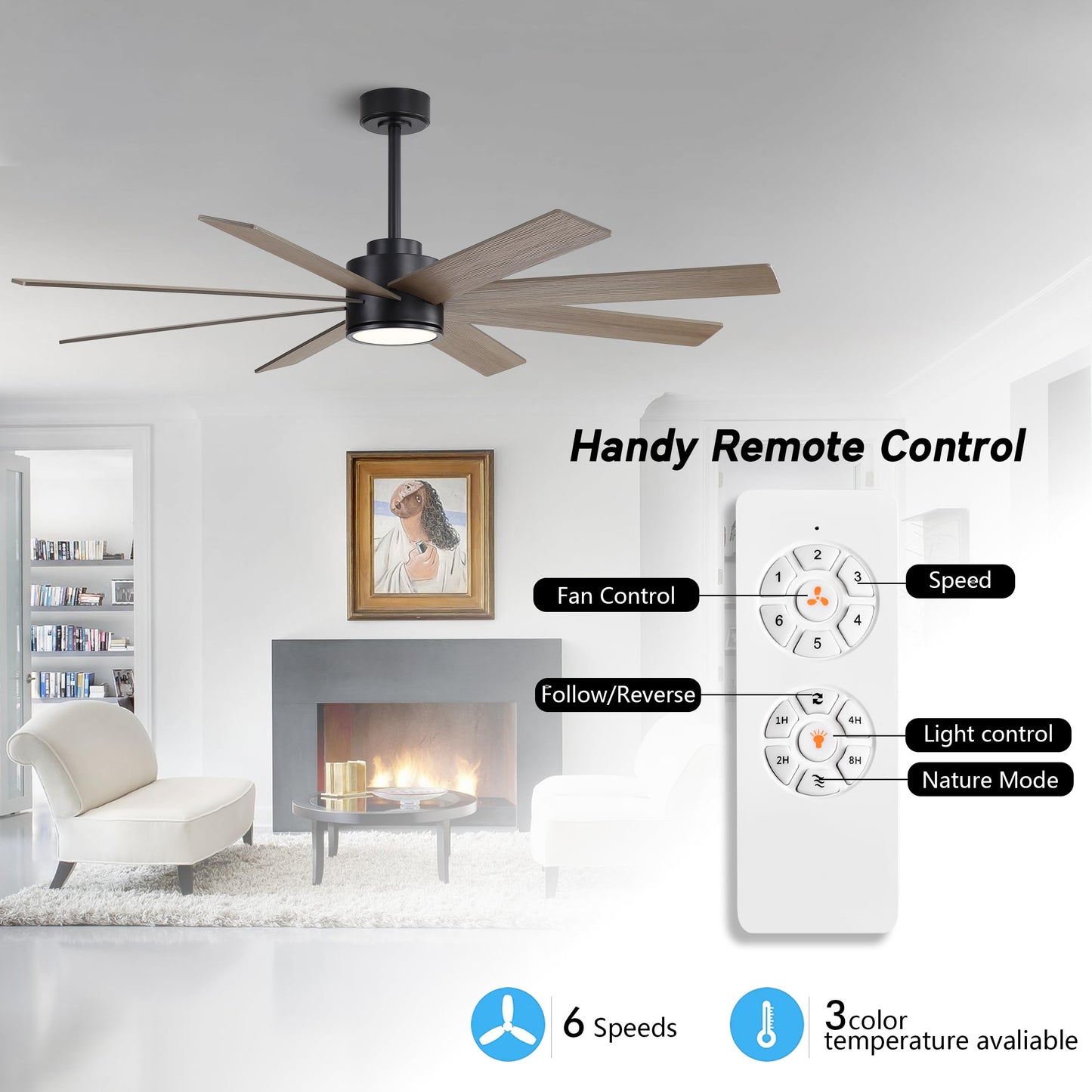 WINGBO 60" Large DC Ceiling Fans with Lights and Remote, 3 Downrods, 8 Plywood Blades, 6-Speeds Reversible DC Motor, 3CCT, Indoor Ceiling Fan for Bedroom Living Room Patio, Black and Gray