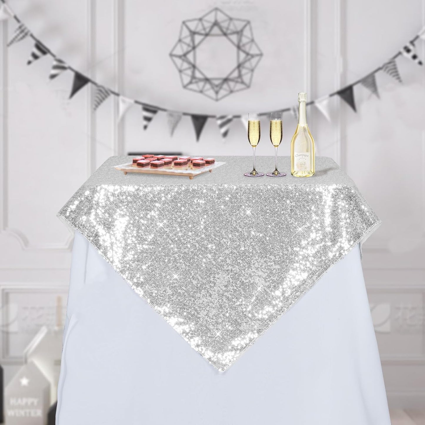 PartyDelight Silver Sequin Tablecloth Overlay 50 X 50 Inch for Wedding, Party, Birthday, Bridal, Baby Shower Decorations