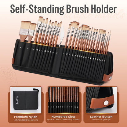 Nicpro 30pcs Paint Brush Set, Professional Paintbrushes with Paint Spatula & Self-Standing Case, Craft Paint Brushes for Acrylic Painting, Oil, Watercolor, Gouache, Art Supplies for Artists Beginners
