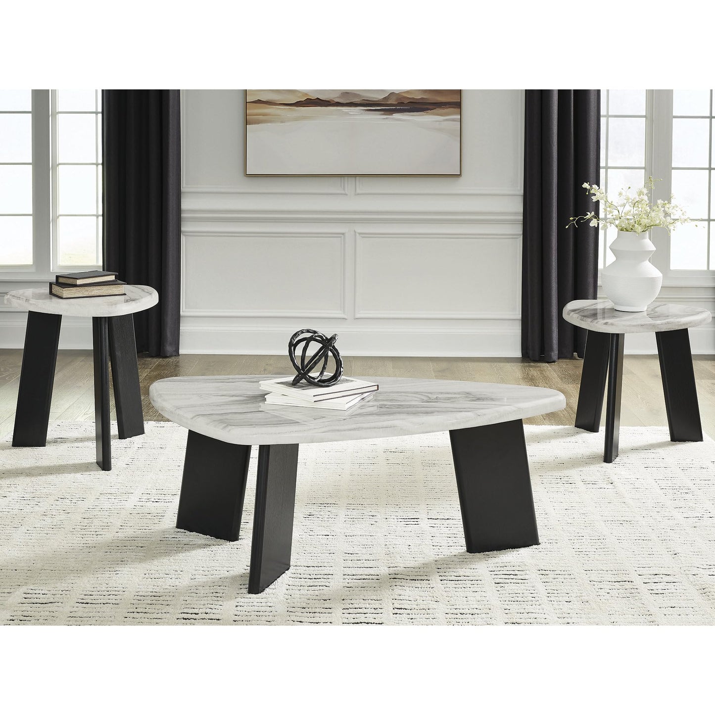 Signature Design by Ashley Lilyberg Contemporary Table with Faux Marble Top, Set of 3, Light Gray & Black