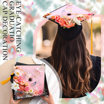 Wavwavw 44 Pcs DIY Graduation Cap Decorations Kit Pink Grad Cap Decorations 3D Artificial Flowers Butterfly Decals Rhinestone Pearl Stickers Letter Stickers Glitter Paper for 2026 Grad Hats Decor