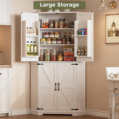 IRONCK Corner Cabinet, 72" Kitchen Pantry Cabinet, 6-Tier Freestanding Farmhouse Pantry with 2 Adjustable Shelves, 240°Swivel Doors, 2 Doors Storage, Spacious Hutch for Kitchen, Living Room, White