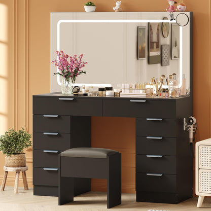 IDEALHOUSE Large Vanity Desk with Mirror, Clear Glass Top, Stool, LED Lights and Power Outlet, 45'' Width Makeup Vanity Table Set with 10 Drawers for Bedroom Dressing Room