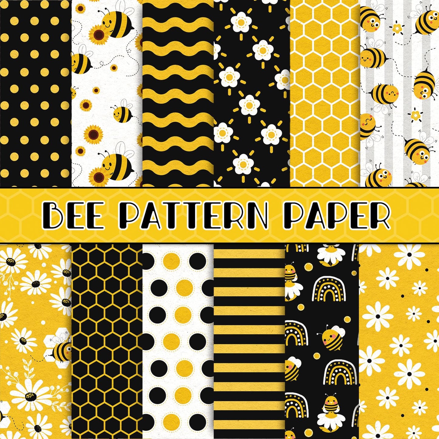 Whaline 24Pcs Bee Pattern Paper Pack 12 Designs Yellow Black Honeycomb Scrapbook Specialty Paper Double-Sided Collection Decorative Craft Papers for DIY Card Making Scrapbook Photo Album Decor