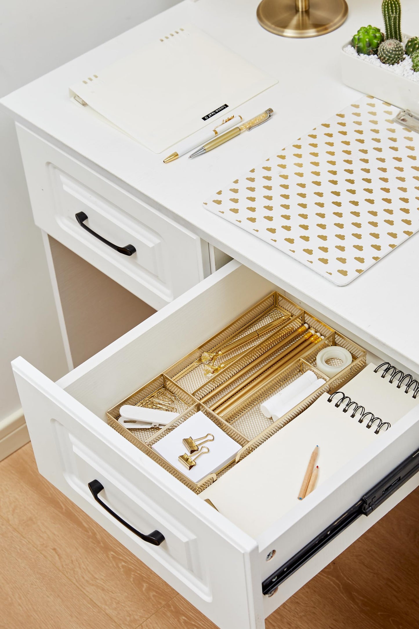 Annova Desk Drawer Organizer Tray for Office Organization - Metal Mesh - Storage Tray with Dividers for Pens, Desktop Accessories, Bathroom, Kitchen, Makeup and Office Supplies (Small, Gold)