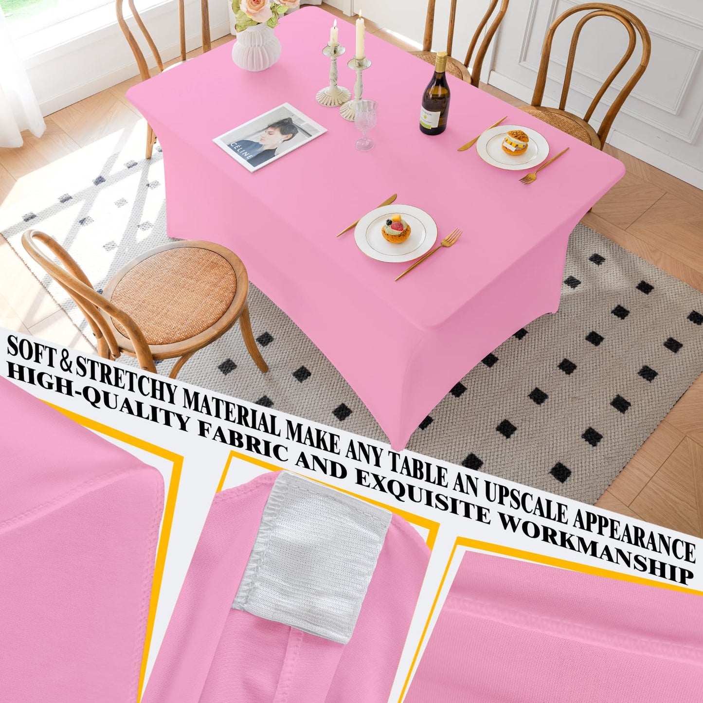 Famstar Table Cloth 2 Pack Pink 6FT Spandex Tablecloth for Rectangle Table Fitted Table Cloths Stretch Covers Washable Wrinkle Free Tablecloths for Festival Camping Picnic Wedding Party Table Cover