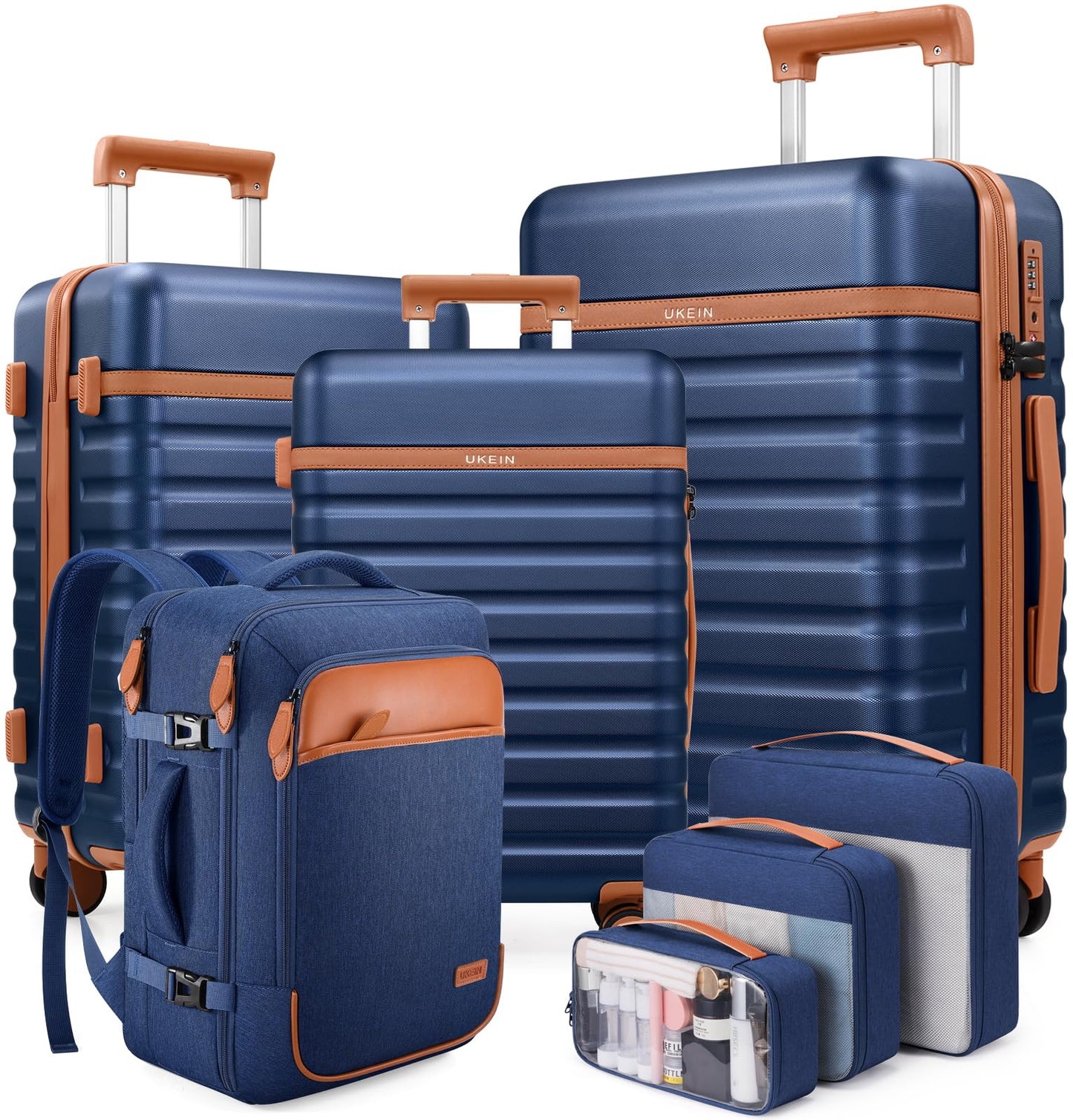 UKEIN PRO Luggage Sets 7 Piece, Durable Hardside ABS Carry on Luggage with Spinner Wheels & YKK Zipper TSA Lock, Large Checked Travel Suitcase With Backpack Set for Men and Women,20/24/28 Inch