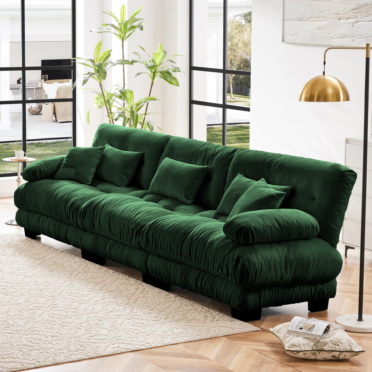 KEIKI 133" Sectional Sofa with Removable Ottomans, Comfy 3 Seat Sleeper Cloud Couch Set, Chenille Upholstered Modular SofaBed for Apartment Living Room, Throw Pillows, Dark Green