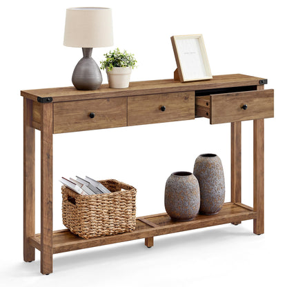 VASAGLE LIRY Collection - Console Table with 3 Drawers and Open Storage Shelf, Narrow Entryway Sofa Table for Living Room, Farmhouse Style, Metal Corners, Honey Brown ULNT142KB02S