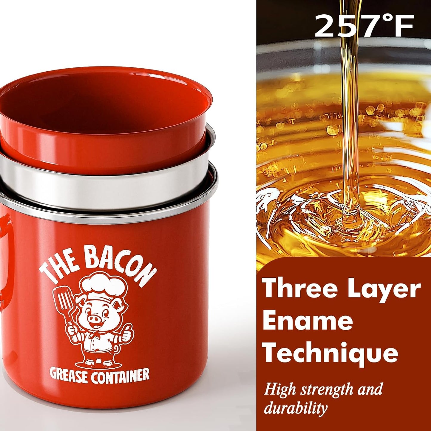 15OZ PGYARD Mini Bacon Grease Saver With Strainer - Enamel Grease Container, Farmhouse Bacon Grease Keeper For Kitchen