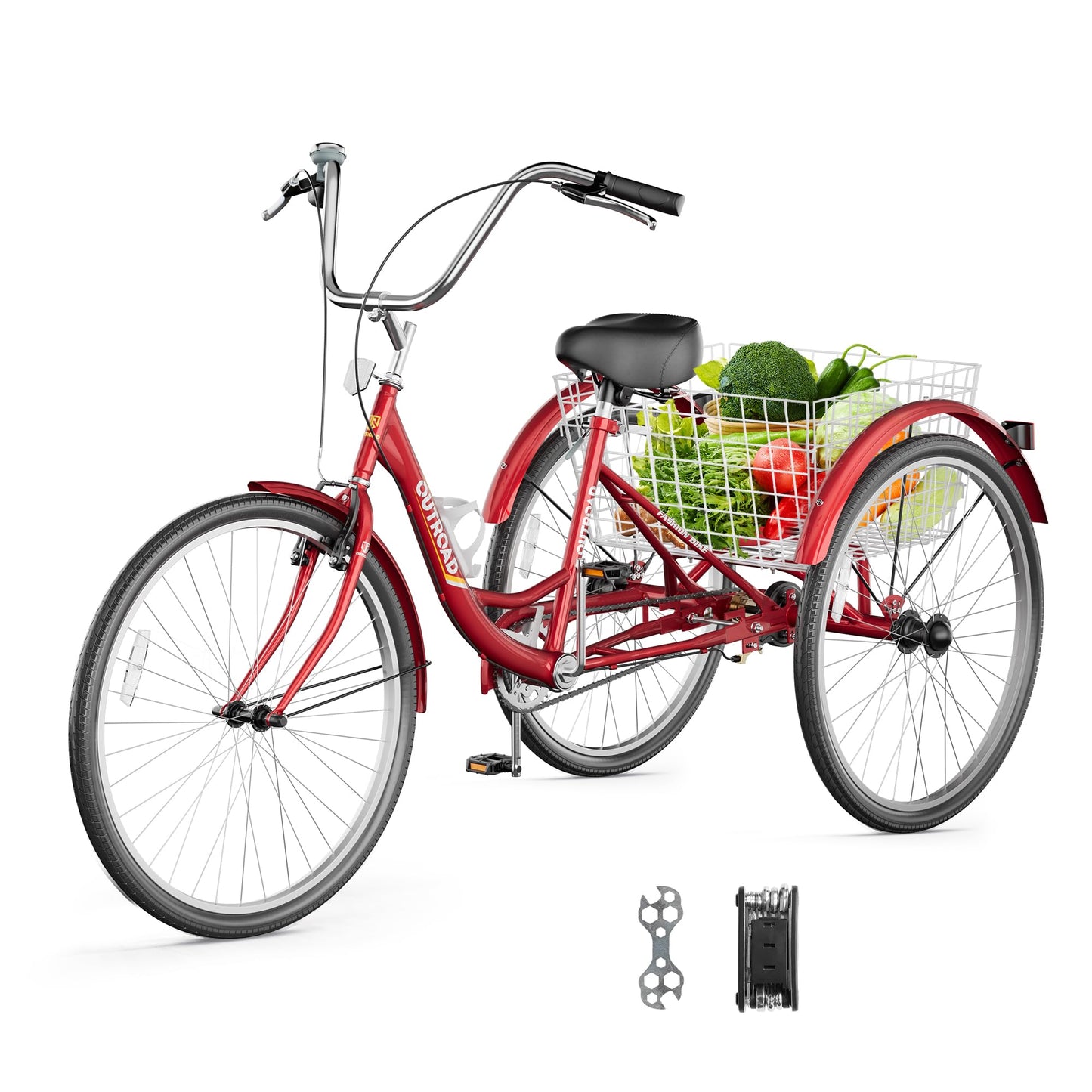 MarKnig 1 Speed Adult Tricycle, 24 Inch 3 Wheel Bikes with Large Basket, Cruiser Bike for Women/Men/Seniors, Adult Trike for Outdoor/Shopping/Recreation/Picnic (Red)