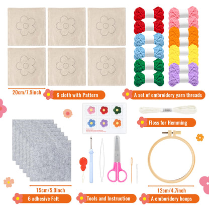 WATINC Flower Punch Needle Coaster Kit - 22Pcs Crafts Punch Needle Coasters Kits for Beginners, Flower Patterns Tufted Rug Pads with Adhesive Felt Yarns Embroidery Hoop Instruction