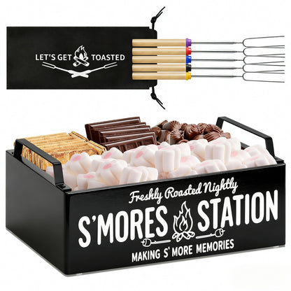 Farmhouse Smores Station, Wooden Smores Caddy with Handles, S'Mores Bar Holder with 5Pcs Extendable Smores Sticks, Smores Maker Box for Smores Kit, Outdoor Fire Pit Camping Essentials Cooking (Black)