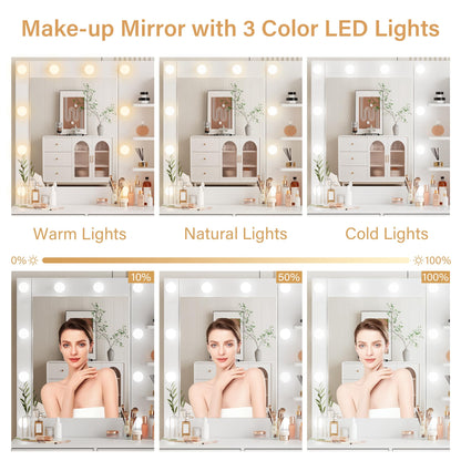 NUNU LAB Morden Makeup Vanity Desk with Mirror, Bedroom Dressing Table Set with Storage Shelf and 5 Drawers, Large Vanity Table with 10 LED Lights for Women, Girls, Teens
