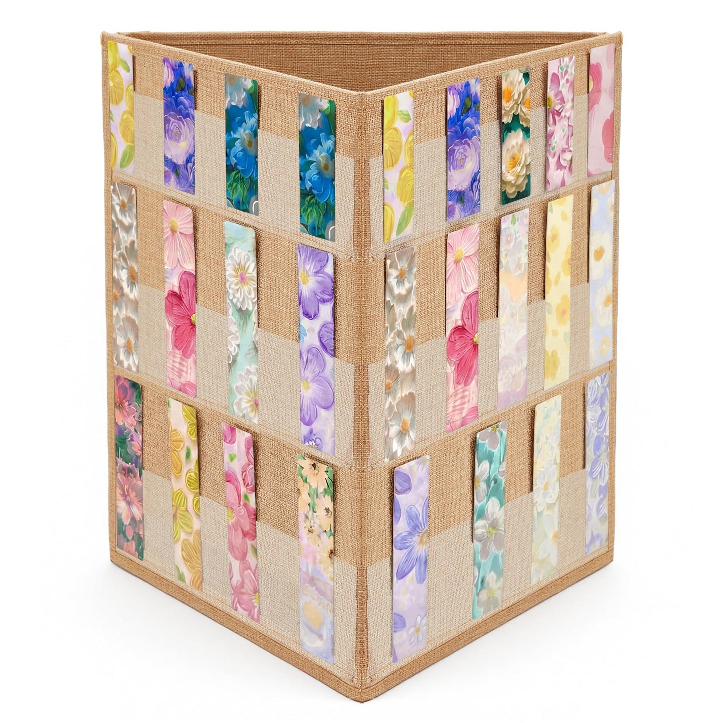 Faccito Bookmark Display Stand, Three-Sided Portable Holder with Multi-View Display, Linen Fabric Desktop Rack for Bookmarks, Valentine-Themed Designs, Craft Fairs, Handmade Vendors