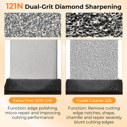 Frienda Diamond Sharpening 121n Dual-grit Knife Sharpener Stone Tool Lawn Mower Blade Sharpener File Garden Tool 325/1200 Grit Handheld Double with Angle Guide for Kitchen Axe Machete Chisel Drill