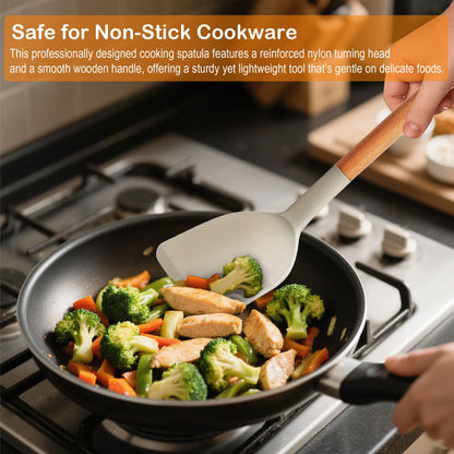 Set of 2 Silicone Spatula Turner for Nonstick Cookware, 600°F Heat Resistant Solid Slotted Kitchen Spatula Set with Wooden Handle, Cooking Utensils Set for Egg, Pancake, Fish, Burger
